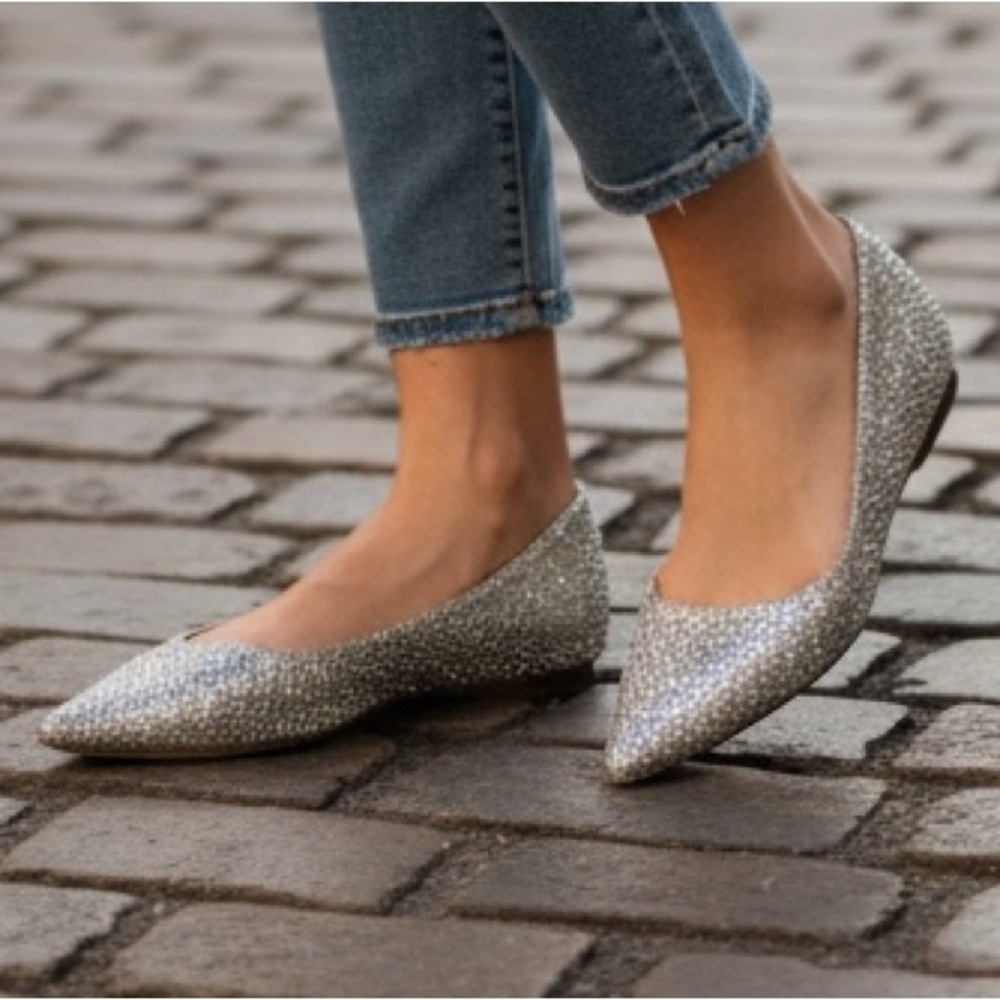 Jimmy Choo Flats Dusty Glitter Platinum Ice Womens 10 IT 40.5